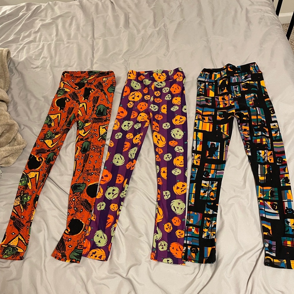 LuLaRoe Kids Halloween Leggings Trio - Orange, Purple, Black - Size L/XL.